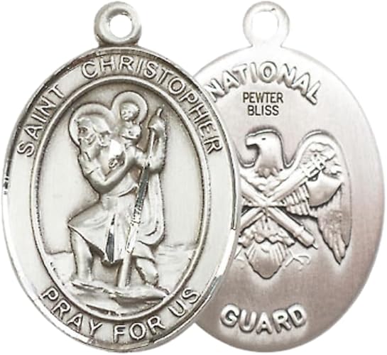 Mens Pewter Saint St. Christopher National Guard Medal Pendant on 24 Inch Rhodium Plated Heavy Curb Brass Chain with Lobster Claw clasp, Catholic Religious Necklace - Made in USA- Velvet Gift Box