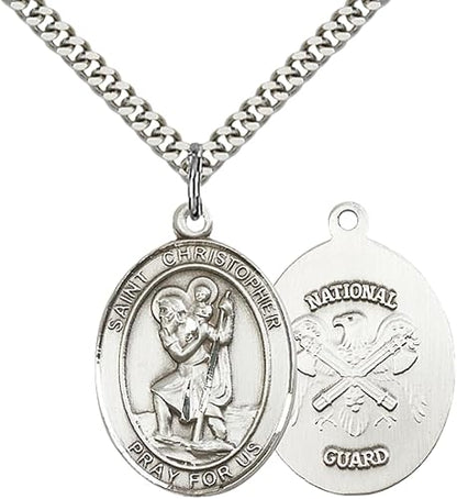 Mens Pewter Saint St. Christopher National Guard Medal Pendant on 24 Inch Rhodium Plated Heavy Curb Brass Chain with Lobster Claw clasp, Catholic Religious Necklace - Made in USA- Velvet Gift Box