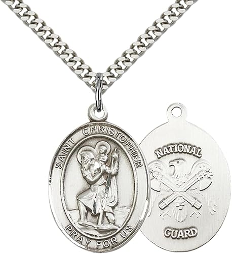 Everlasting Light Jewelry Men's Pewter Saint St. Christopher National Guard Medal Pendant Necklace with 24- Inch Rhodium Plated Chain, Catholic Medal - Patron Saint. of Travelers – Military Gift Boxed
