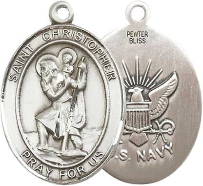 Everlasting Light Jewelry Women's Pewter Saint St. Christopher Navy Medal Pendant Necklace with 18- Inch Rhodium Plated Lite Curb Brass Chain, Catholic Medal - Patron Saint. of Travelers – Gift for Sailors in Velvet Box