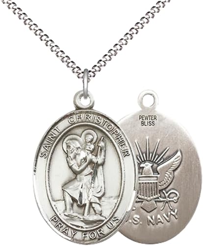 Everlasting Light Jewelry Women's Pewter Saint St. Christopher Navy Medal Pendant Necklace with 18- Inch Rhodium Plated Lite Curb Brass Chain, Catholic Medal - Patron Saint. of Travelers – Gift for Sailors in Velvet Box