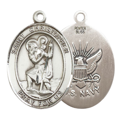 Mens Oval Pewter Saint St. Christopher Navy Medal Pendant on 24 Inch Rhodium Plated Heavy Curb Brass Chain with Lobster Claw clasp, Catholic Religious Necklace - Made in USA- Deluxe Velvet Gift Box
