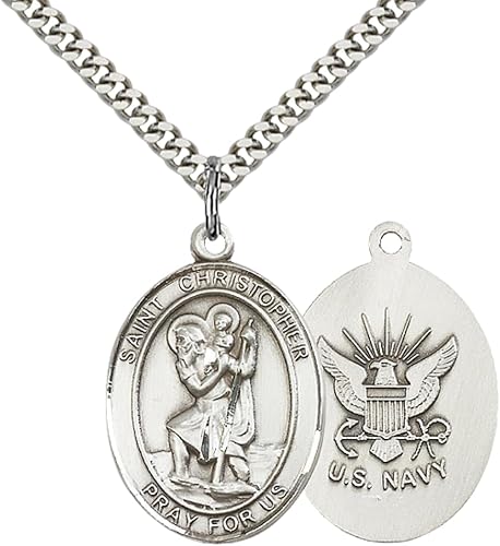 Everlasting Light Jewelry Men's Pewter Saint St. Christopher Navy Medal Pendant Necklace with 24- Inch Rhodium Plated Chain, Catholic Medal - Patron Saint. of Travelers – Gift for Sailors in Velvet Box