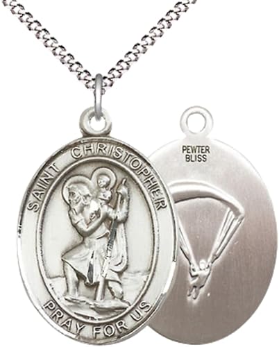 Women's Pewter Saint St. Christopher Paratrooper Medal Pendant Necklace with 18- Inch Rhodium Plated Lite Curb Brass Chain, Catholic Medal - Patron Saint. of Travelers – Gift for Airborne Soldiers in Velvet Box