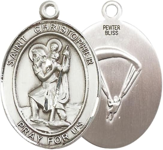 Mens Oval Pewter Saint St. Christopher Paratrooper Medal Pendant on 24 Inch Rhodium Plated Heavy Curb Brass Chain with Lobster Claw clasp, Catholic Religious Necklace - Made in USA- Velvet Gift Box