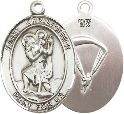 Mens Oval Pewter Saint St. Christopher Paratrooper Medal Pendant on 24 Inch Rhodium Plated Heavy Curb Brass Chain with Lobster Claw clasp, Catholic Religious Necklace - Made in USA- Velvet Gift Box