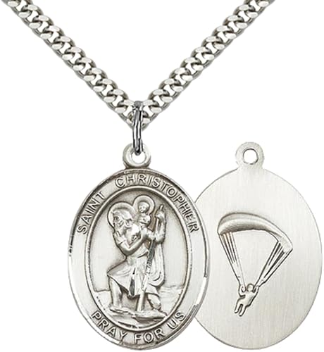 Everlasting Light Jewelry Men's Pewter Saint St. Christopher Paratrooper Medal Pendant Necklace with 24- Inch Rhodium Plated Chain, Catholic Medal - Patron Saint. of Travelers – Gift for Airborne Forces in Velvet Box