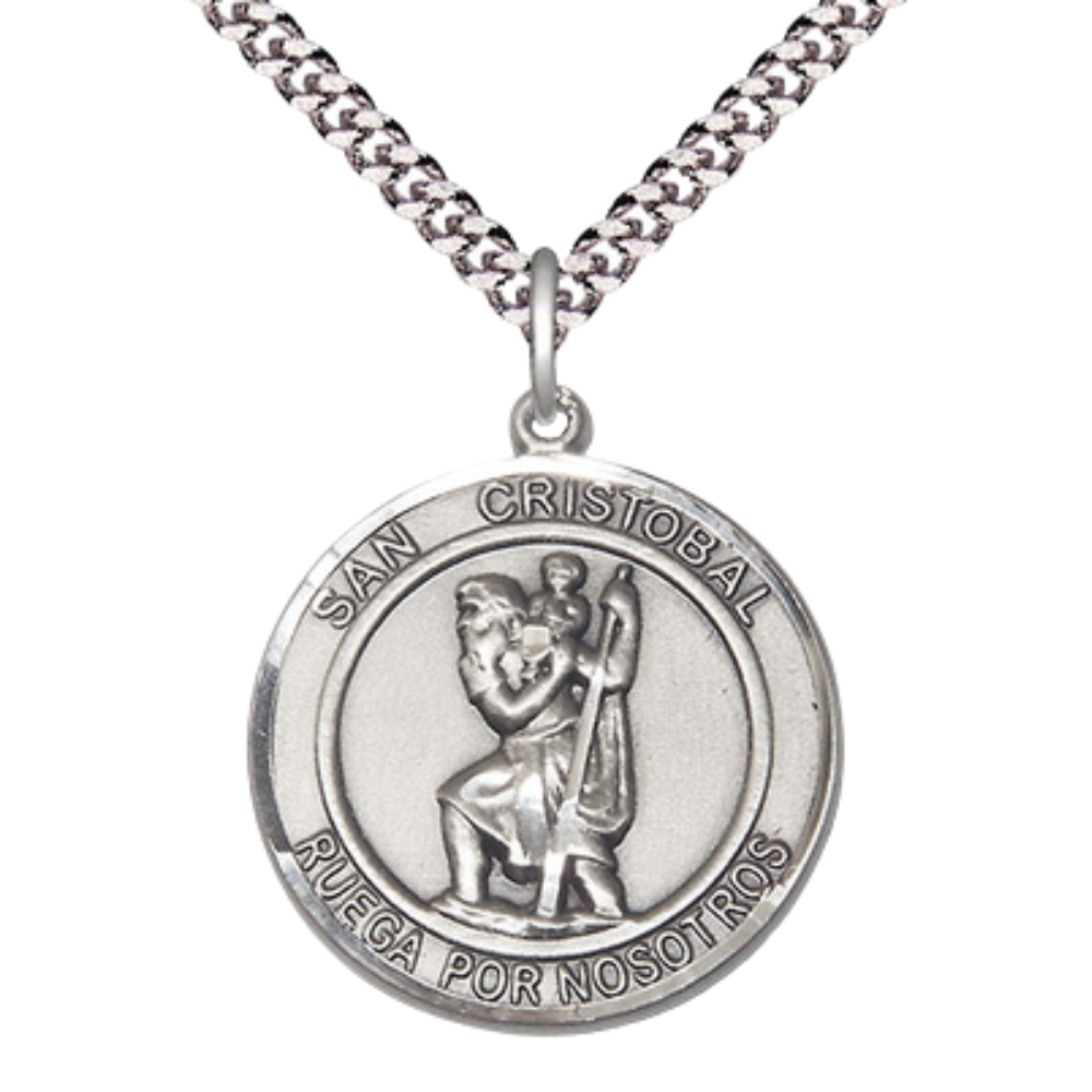 Spanish Script Men's .925 Sterling Silver Saint St. Cristobal Medal Pendant on 24 Inch Endless Rhodium Plated Heavy Curb Chain, Catholic Religious Necklace - Made in USA - with Deluxe Velvet Gift Box