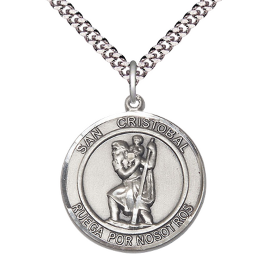 Spanish Script Men's .925 Sterling Silver Saint St. Cristobal Medal Pendant on 24 Inch Endless Rhodium Plated Heavy Curb Chain, Catholic Religious Necklace - Made in USA - with Deluxe Velvet Gift Box