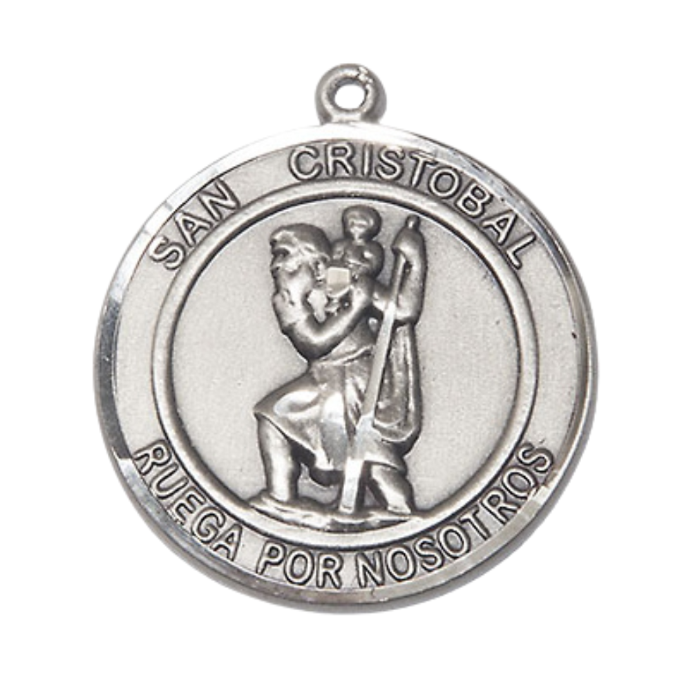 Spanish Script Men's .925 Sterling Silver Saint St. Cristobal Medal Pendant on 24 Inch Endless Rhodium Plated Heavy Curb Chain, Catholic Religious Necklace - Made in USA - with Deluxe Velvet Gift Box