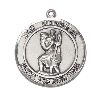 Spanish Script Women's Pewter Saint St. Cristobal Medal Pendant on 18 Inch Rhodium Plated Lite Curb Brass Chain, Catholic Religious Necklace with Lobster Claw Clasp - Made in USA, Comes in Deluxe Velvet Gift Box