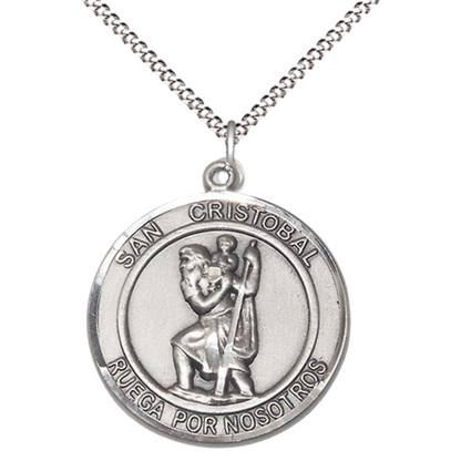 Spanish Script Women's Pewter Saint St. Cristobal Medal Pendant on 18 Inch Rhodium Plated Lite Curb Brass Chain, Catholic Religious Necklace with Lobster Claw Clasp - Made in USA, Comes in Deluxe Velvet Gift Box