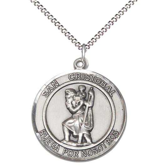 Spanish Script Women's Pewter Saint St. Cristobal Medal Pendant on 18 Inch Rhodium Plated Lite Curb Brass Chain, Catholic Religious Necklace with Lobster Claw Clasp - Made in USA, Comes in Deluxe Velvet Gift Box