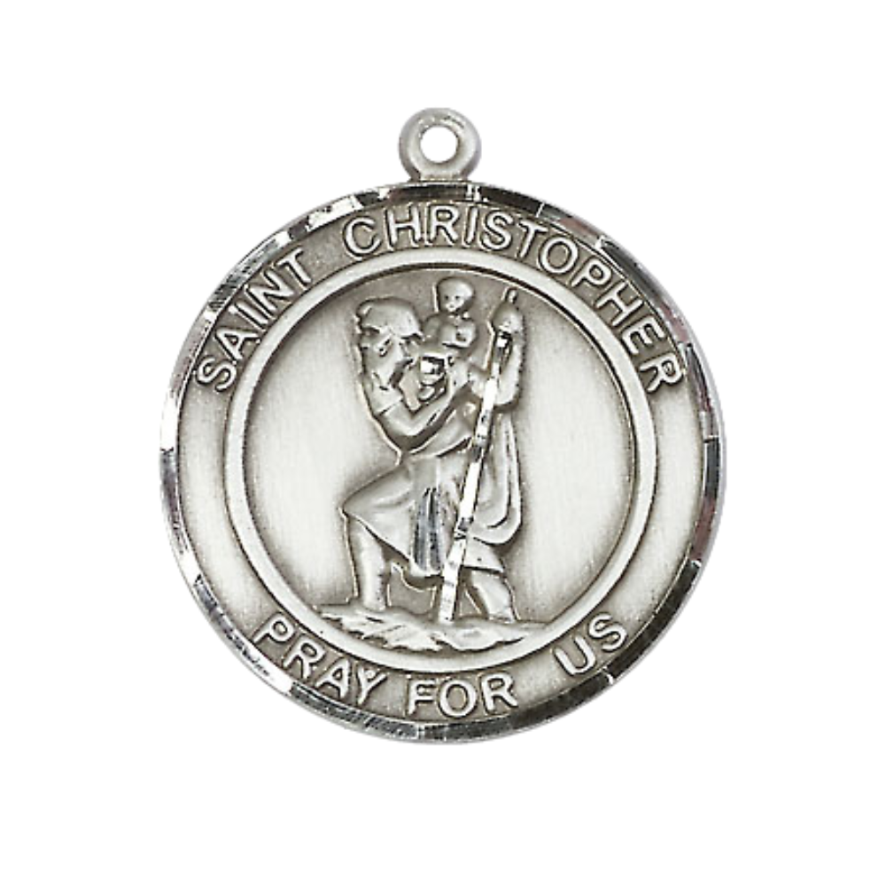 Women's Pewter Saint St. Christopher Medal Pendant on 18 Inch Rhodium Plated Lite Curb Brass Chain w/Lobster Claw Clasp, Catholic Religious Necklace - Made in USA- Deluxe Velvet Gift Box