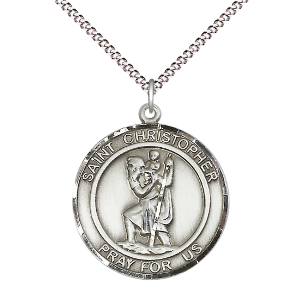 Women's Pewter Saint St. Christopher Medal Pendant on 18 Inch Rhodium Plated Lite Curb Brass Chain w/Lobster Claw Clasp, Catholic Religious Necklace - Made in USA- Deluxe Velvet Gift Box