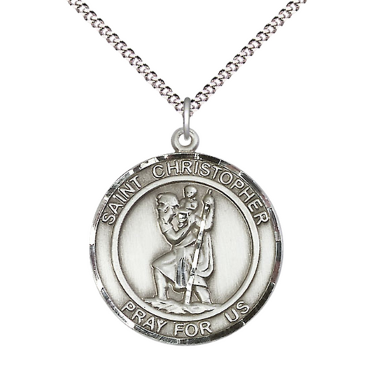 Women's Pewter Saint St. Christopher Medal Pendant on 18 Inch Rhodium Plated Lite Curb Brass Chain w/Lobster Claw Clasp, Catholic Religious Necklace - Made in USA- Deluxe Velvet Gift Box