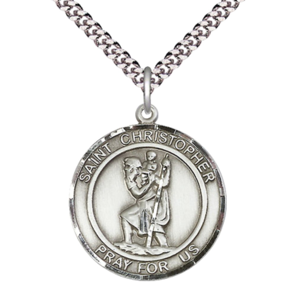 Men's .925 Sterling Silver Saint St. Christopher Medal Pendant Christian Necklace – 1" x ?" – 24 Inch Endless Rhodium Plated Chain – Patron Saint St. of Travelers & Motorists, Catholic Medal – Velvet Gift Box Included