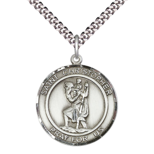 Men's .925 Sterling Silver Saint St. Christopher Medal Pendant Christian Necklace – 1" x ?" – 24 Inch Endless Rhodium Plated Chain – Patron Saint St. of Travelers & Motorists, Catholic Medal – Velvet Gift Box Included