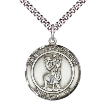 Everlasting Light Jewelry Men's Pewter Saint St. Christopher Medal Pendant Necklace – 1" x ? – 24 Inch Endless Rhodium Plated Chain – Patron Saint St. of Travelers & Motorists, Catholic Medal – Velvet Gift Box Included