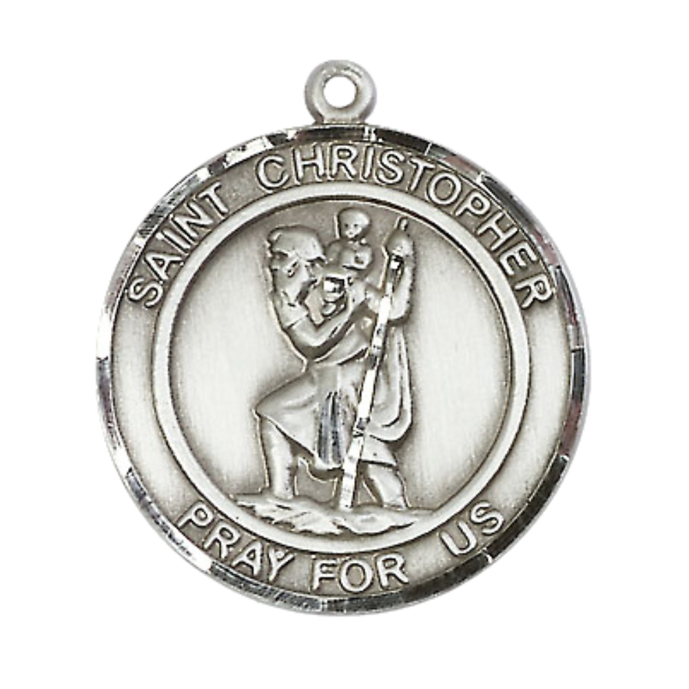 Men's .925 Sterling Silver Saint St. Christopher Medal Pendant Christian Necklace – 1" x ?" – 24 Inch Endless Rhodium Plated Chain – Patron Saint St. of Travelers & Motorists, Catholic Medal – Velvet Gift Box Included