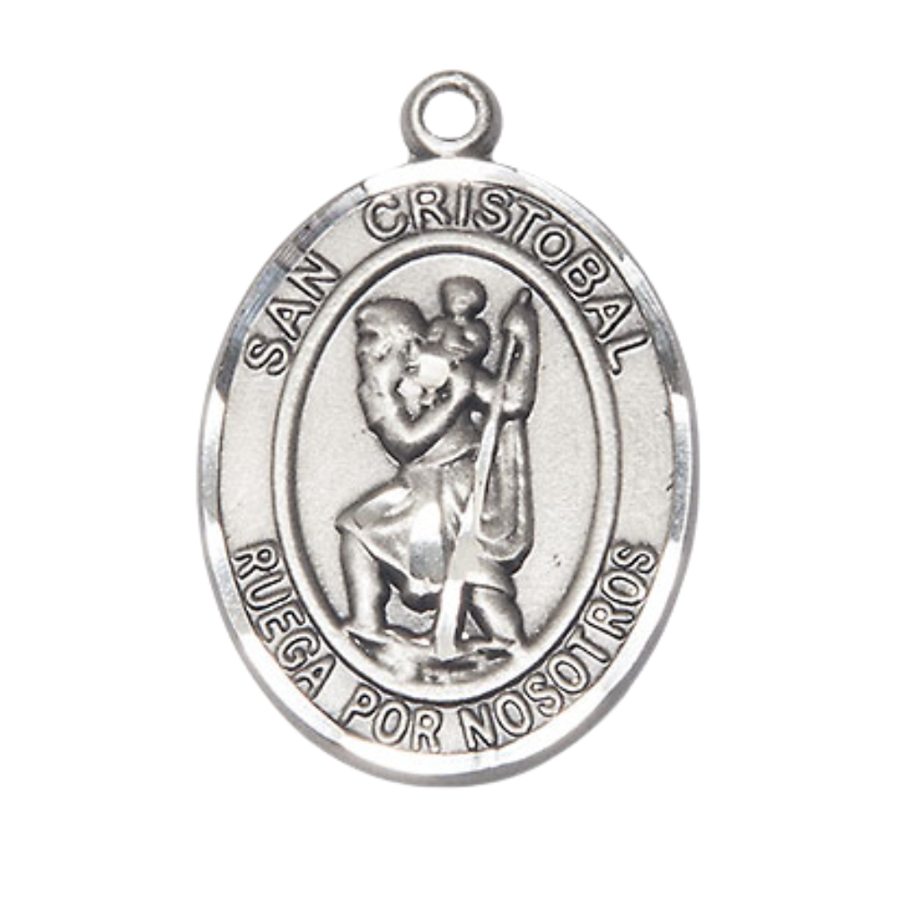 Spanish Script Women's Pewter Saint St. Cristobal Medal Pendant on 18 Inch Rhodium Plated Lite Curb Brass Chain, Catholic Religious Necklace with Lobster Claw Clasp - Made in USA, Deluxe Velvet Gift Box
