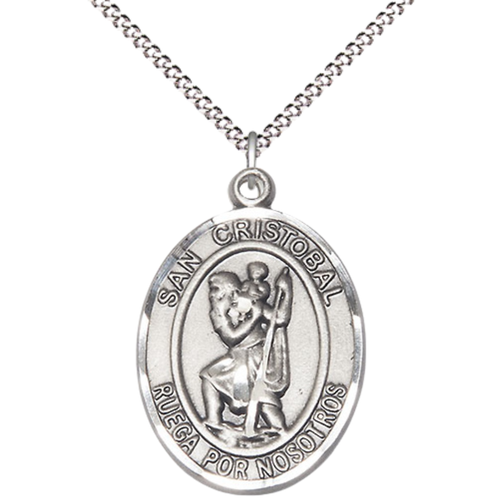 Spanish Script Women's Pewter Saint St. Cristobal Medal Pendant on 18 Inch Rhodium Plated Lite Curb Brass Chain, Catholic Religious Necklace with Lobster Claw Clasp - Made in USA, Deluxe Velvet Gift Box