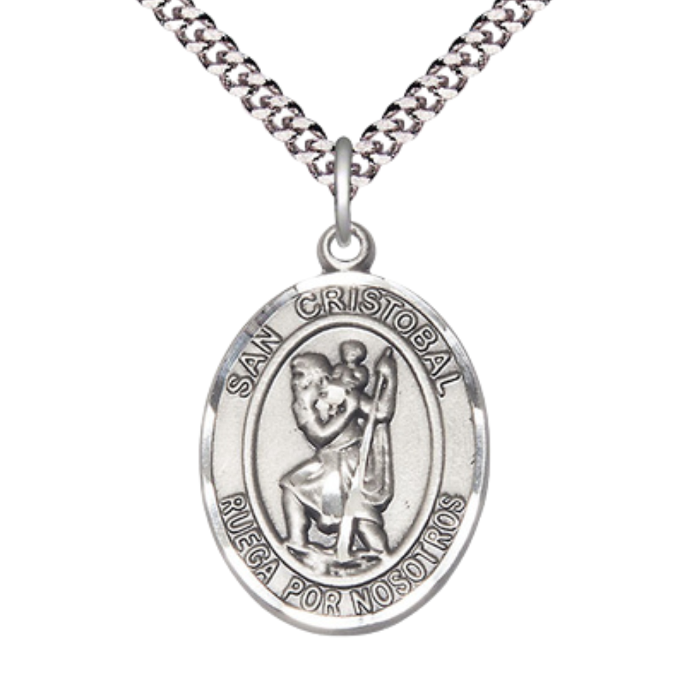 Everlasting Light Jewelry Spanish Script Men's .925 Sterling Silver San Cristobal Medal Pendant on 24 Inch Endless Rhodium Plated Heavy Curb Chain,Catholic Religious Necklace -Made in USA- Deluxe Velvet Gift Box
