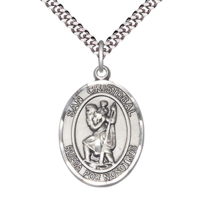 Everlasting Light Jewelry Spanish Script Men's .925 Sterling Silver San Cristobal Medal Pendant on 24 Inch Endless Rhodium Plated Heavy Curb Chain,Catholic Religious Necklace -Made in USA- Deluxe Velvet Gift Box