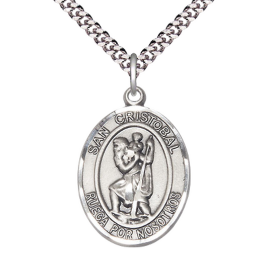 Everlasting Light Jewelry Men's Pewter San Cristóbal Medal Pendant Necklace with 24 - Inch Rhodium Plated Chain – Spanish Patron Saint St. of Travelers – Catholic Gift in Velvet Box