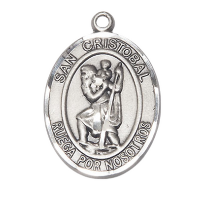 Everlasting Light Jewelry Spanish Script Men's .925 Sterling Silver San Cristobal Medal Pendant on 24 Inch Endless Rhodium Plated Heavy Curb Chain,Catholic Religious Necklace -Made in USA- Deluxe Velvet Gift Box
