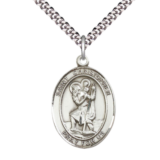 Sterling Silver St. Christopher Medal – Oval Patron Series with 24” Light Rhodium Heavy Curb Chain