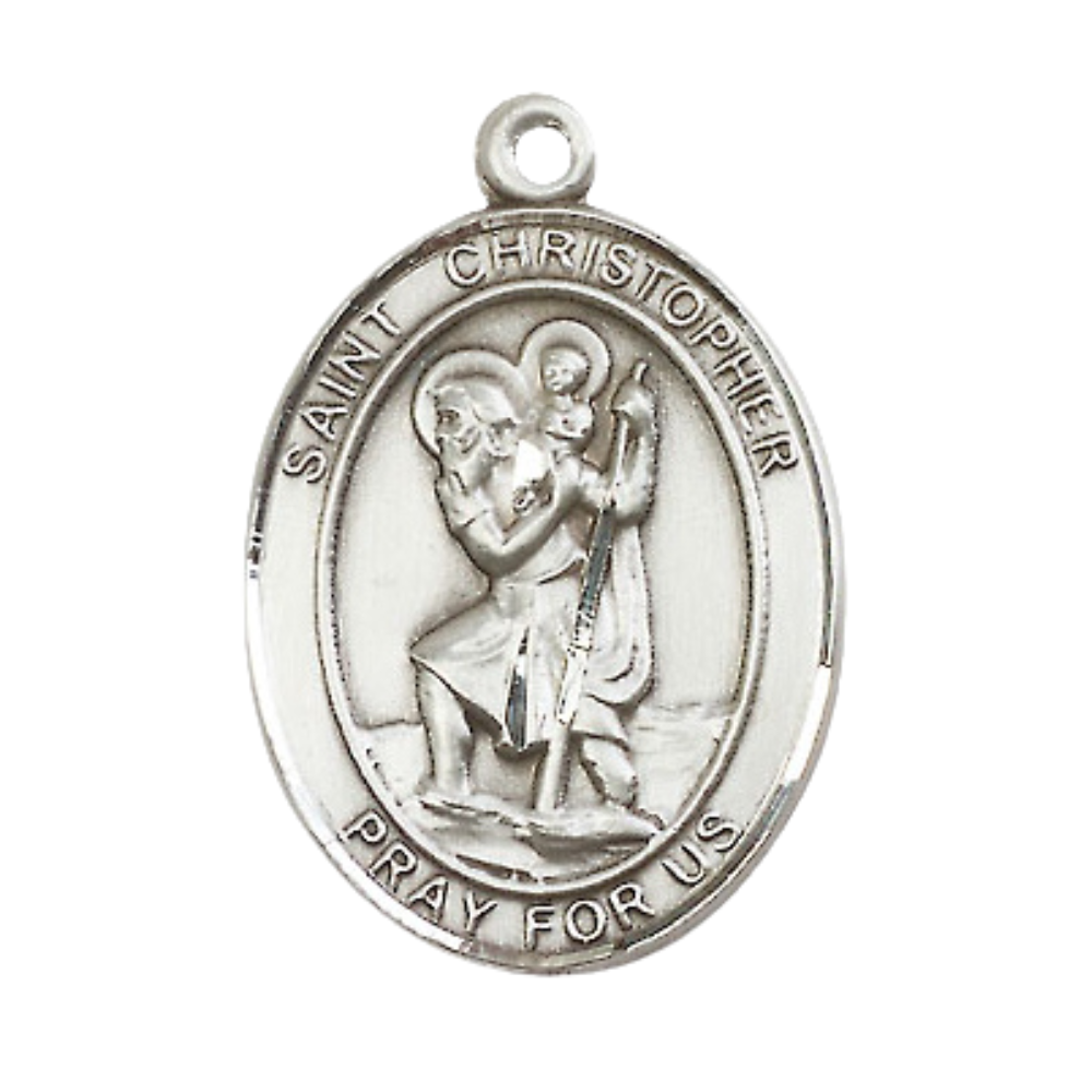 Sterling Silver St. Christopher Medal – Oval Patron Series with 24” Light Rhodium Heavy Curb Chain