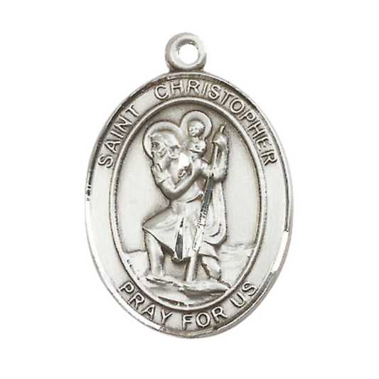 Mens .925 Sterling Silver Saint Christopher Medal Pendant on 24" Rhodium Plated Heavy Curb Brass Chain w/ Lobster Claw clasp, Catholic Religious Necklace -Made in USA- Deluxe Velvet Gift Box
