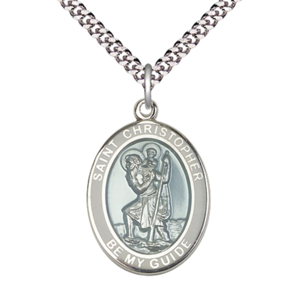 Saint St. Christopher Medal Necklace– Men's .925 Sterling Silver Pendant with 27- Inch Light Rhodium Plated Heavy Curb Chain – Patron Saint St. of Travelers & Motorists, Catholic Medal – Velvet Gift Box Included