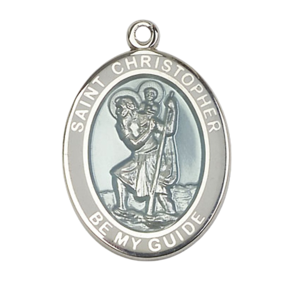 Mens .925 Sterling Silver Saint Christopher Medal Pendant on 24" Rhodium Plated Heavy Curb Brass Chain with Lobster Claw clasp, Catholic Religious Necklace -Made in USA- Velvet Gift Box