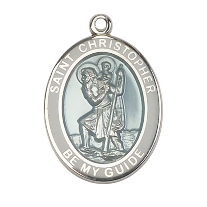 Mens .925 Sterling Silver Saint Christopher Medal Pendant on 24" Rhodium Plated Heavy Curb Brass Chain with Lobster Claw clasp, Catholic Religious Necklace -Made in USA- Velvet Gift Box