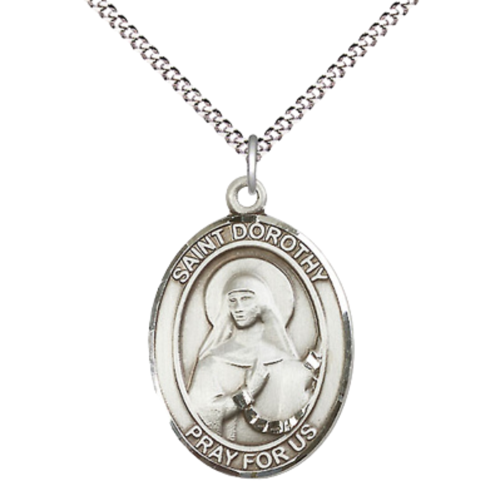 Women's .925 Sterling Silver Saint St. Dorothy Medal Pendant on 18 Inch Rhodium Plated Lite Curb Brass Chain w/ Lobster Claw Clasp, Catholic Religious Necklace - Made in USA- Deluxe Velvet Gift Box