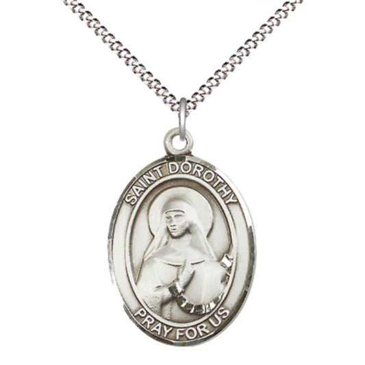Everlasting Light Jewelry Women's Pewter Saint St. Dorothy Medal Pendant Necklace with 18 Inch Rhodium Plated Lite Curb Brass Chain– Patron Saint St. of Florists & Brides, Catholic Medal – Velvet Gift Box Included
