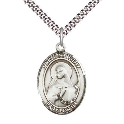Saint St. Dorothy Men's Medal Necklace – 24 Inch Endless Light Rhodium Plated Heavy Curb Chain – Patron Saint St. of Florists & Brides – Elegant Catholic Religious Jewelry in Velvet Gift Box