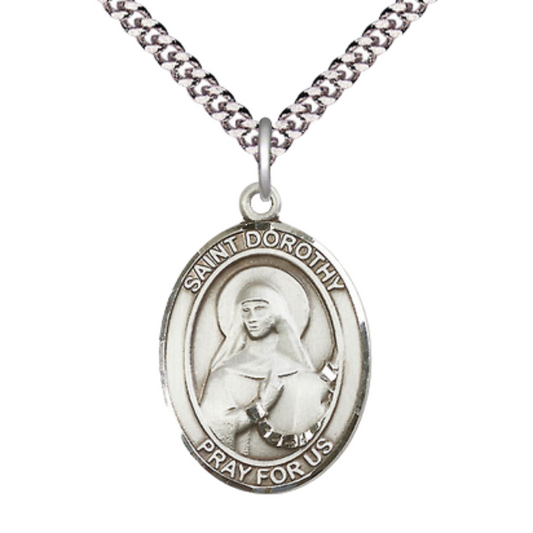 Saint St. Dorothy Medal Necklace – 24 Inch Endless Light Rhodium Plated Heavy Curb Chain – Patron Saint St. of Florists & Brides – Elegant Catholic Religious Jewelry in Velvet Gift Box