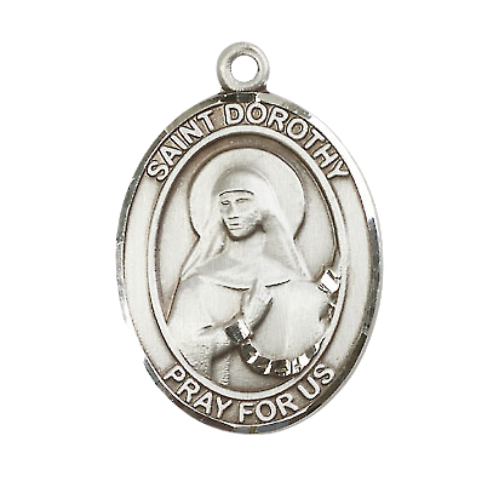 Mens Oval .925 Sterling Silver Saint Dorothy Medal Pendant on 24" Rhodium Plated Heavy Curb Brass Chain with Lobster Claw clasp, Catholic Religious Necklace -Made in USA- Velvet Gift Box