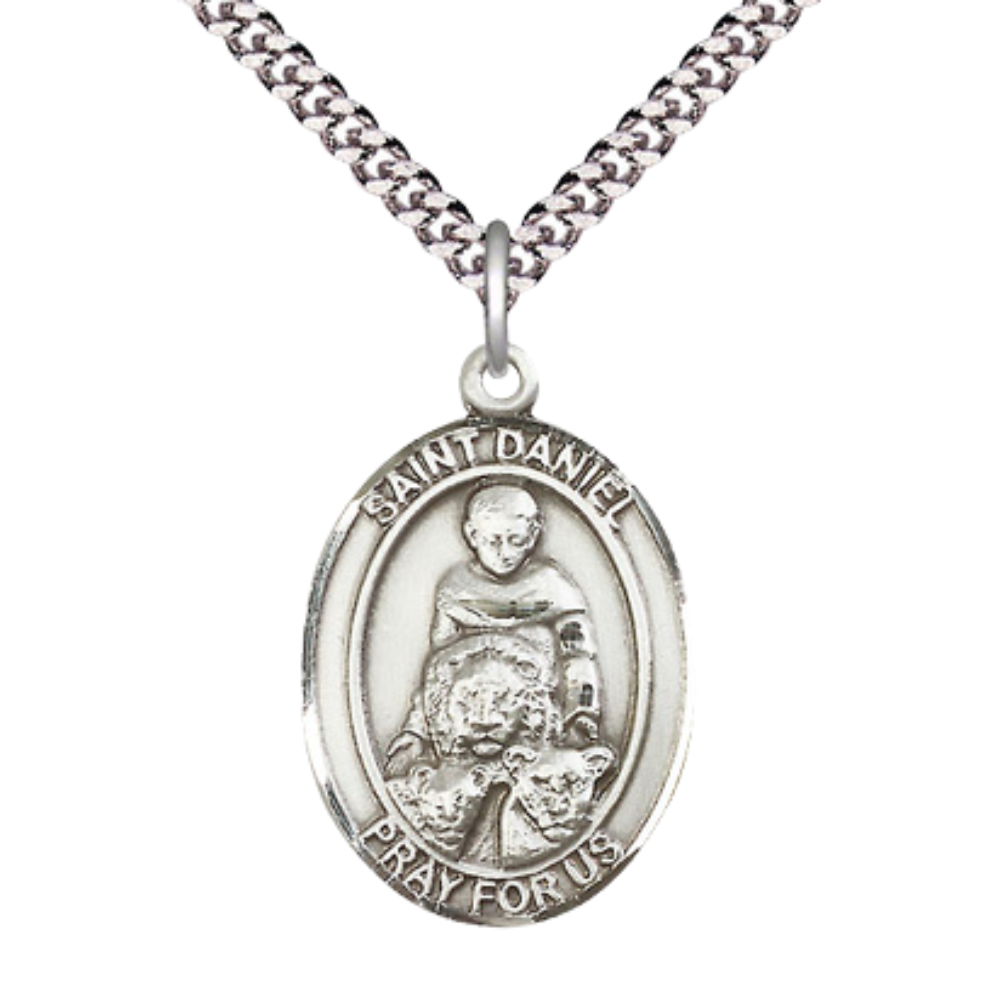 Mens 1 x 3/4" Oval Pewter Saint Daniel Medal Pendant on 24" Rhodium Plated Heavy Curb Brass Chain with Lobster Claw clasp, Catholic Religious Necklace -Made in USA- Deluxe Velvet Gift Box