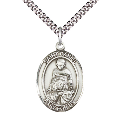 Mens 1 x 3/4" Oval Pewter Saint Daniel Medal Pendant on 24" Rhodium Plated Heavy Curb Brass Chain with Lobster Claw clasp, Catholic Religious Necklace -Made in USA- Deluxe Velvet Gift Box