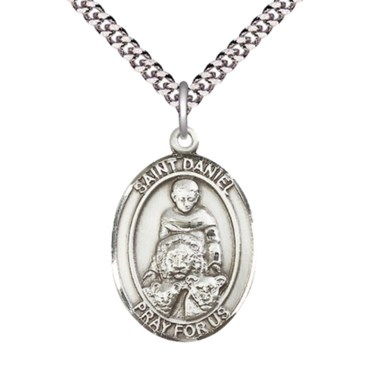 Mens 1 x 3/4" Oval Pewter Saint Daniel Medal Pendant on 24" Rhodium Plated Heavy Curb Brass Chain with Lobster Claw clasp, Catholic Religious Necklace -Made in USA- Deluxe Velvet Gift Box