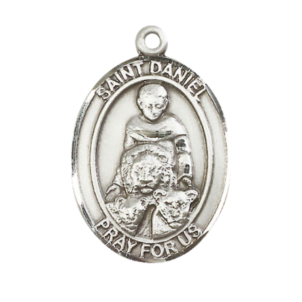 Mens 1 x 3/4" Oval Pewter Saint Daniel Medal Pendant on 24" Rhodium Plated Heavy Curb Brass Chain with Lobster Claw clasp, Catholic Religious Necklace -Made in USA- Deluxe Velvet Gift Box