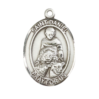 Mens 1 x 3/4" Oval Pewter Saint Daniel Medal Pendant on 24" Rhodium Plated Heavy Curb Brass Chain with Lobster Claw clasp, Catholic Religious Necklace -Made in USA- Deluxe Velvet Gift Box