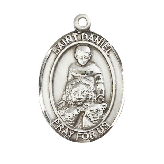 Mens Oval .925 Sterling Silver Saint St. Daniel Medal Pendant on 24 Inch Rhodium Plated Heavy Curb Brass Chain with Lobster Claw clasp, Catholic Religious Necklace - Made in USA- Velvet Gift Box