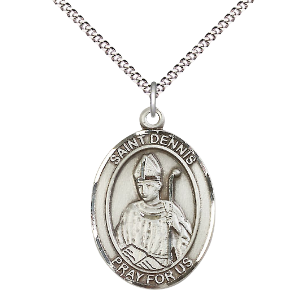 Women's Pewter Saint St. Dennis Medal Pendant Necklace with 18 Inch Rhodium Plated Lite Curb Brass Chain– Patron Saint St. of Headaches & Protection Against Frenzy Catholic Medal – Velvet Gift Box Included