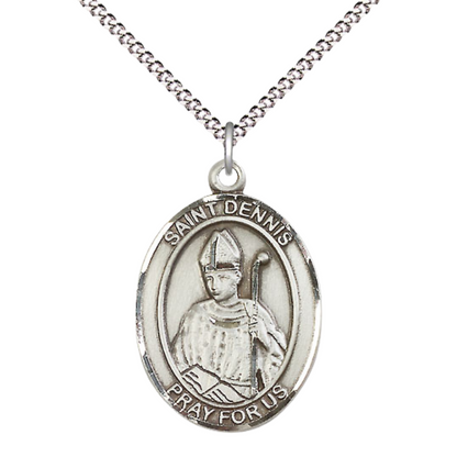 Women's Pewter Saint St. Dennis Medal Pendant Necklace with 18 Inch Rhodium Plated Lite Curb Brass Chain– Patron Saint St. of Headaches & Protection Against Frenzy Catholic Medal – Velvet Gift Box Included