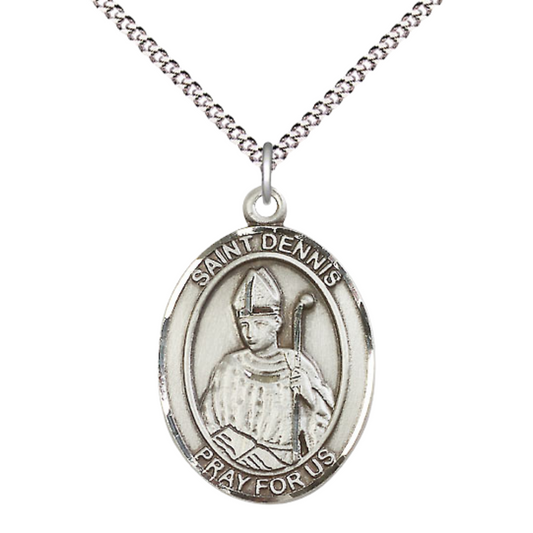 Women's Pewter Saint St. Dennis Medal Pendant Necklace with 18 Inch Rhodium Plated Lite Curb Brass Chain– Patron Saint St. of Headaches & Protection Against Frenzy Catholic Medal – Velvet Gift Box Included